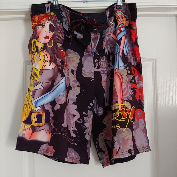 Ed Hardy Surf or Die Streetwear Girls All Over the World Boardshorts 38 - Picture 2 of 16